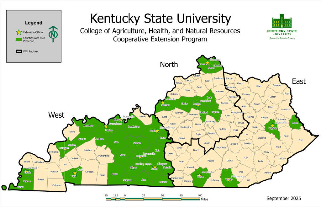 Map of Kentucky State University's County Field Offices with Field Professionals identified in their county