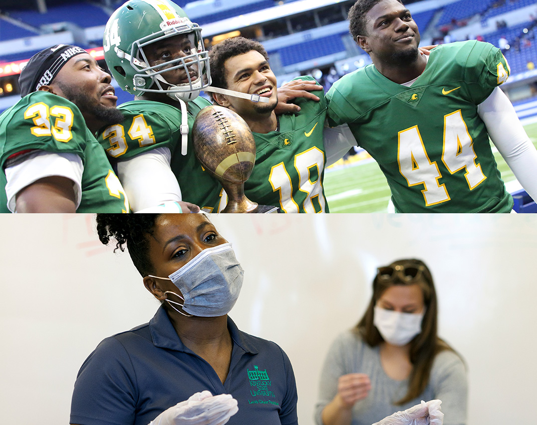 Split image showing KSU Football players on the top and A KSU instructor with gloves on the bottom