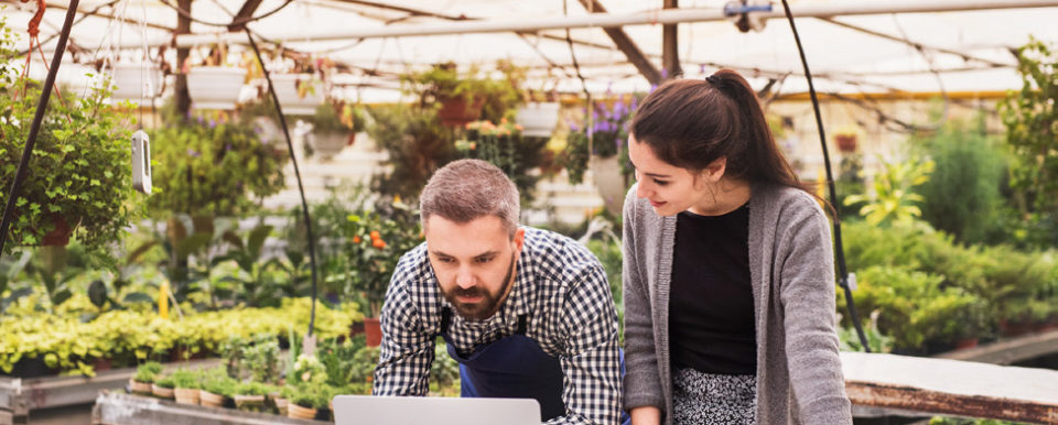 AgBusiness_Man and women looking at a laptop in a greenhourse