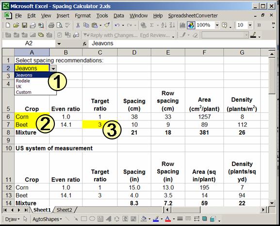 A screenshot of the spacing calculator spreadsheet being used to calculate spacings for a mixed planting of corn and beets.