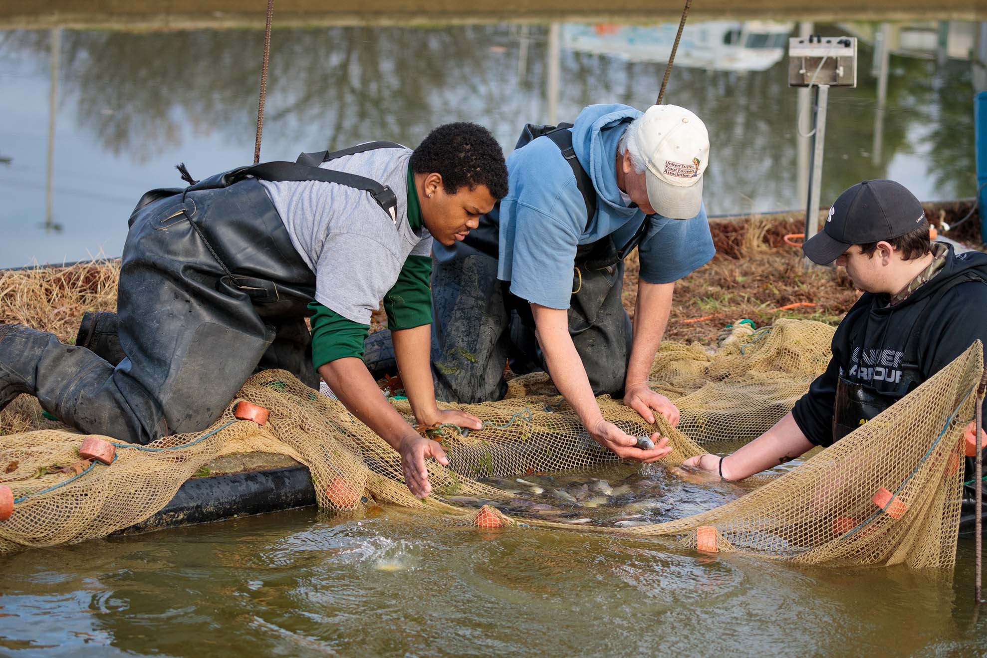 FRANKFORT, Ky., — Dr. Ken Semmens along with Research Assistant John Kelso, MAS student James Brown and AFE student Dawson Armstrong take inventory of Paddlefish by weighing the fish to track their growth from last year, Friday, Dec. 06, 2019 at the Aquaculture Production Facility in Frankfort.